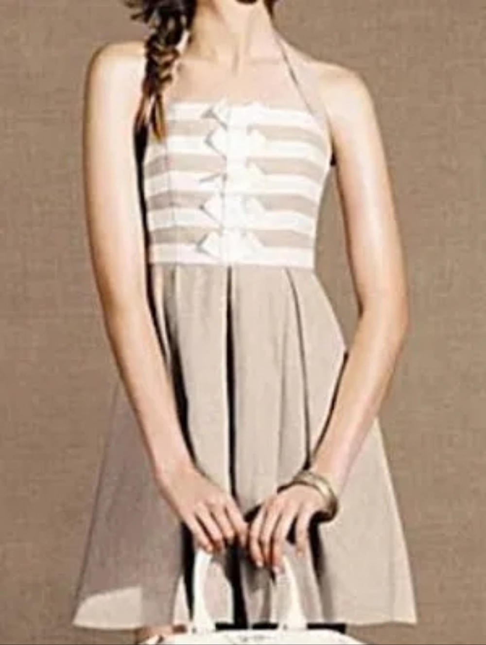 Jessica Simpson Tan Linen Striped Bow-tie Halter Mini-dress Size XS